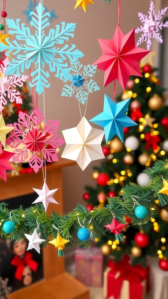 Colorful DIY paper Christmas decorations including snowflakes, origami stars, and a garland.